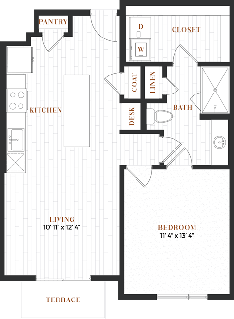 Floor plan for 1 bed, 1 bath, 769 sqft